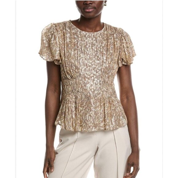 Parker Rose Shirt Womens Medium Gold Metallic Flutter Sleeve Smocked Peplum - Picture 1 of 4